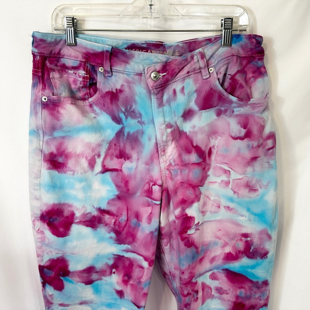 American Eagle Size 16 Jeans Handmade Tie Dye Mom Jeans Pink Blue High Rise 974 - Picture 3 of 12